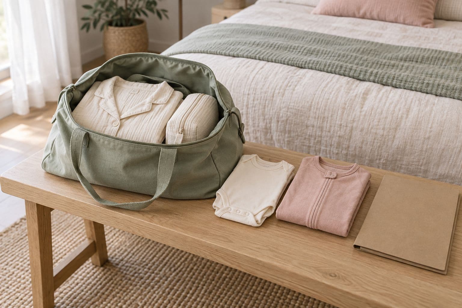 Borsa salvia aperta con camicia da notte e pochette, accanto a body crema, tutina rosa e cartellina su una panca di legno.
