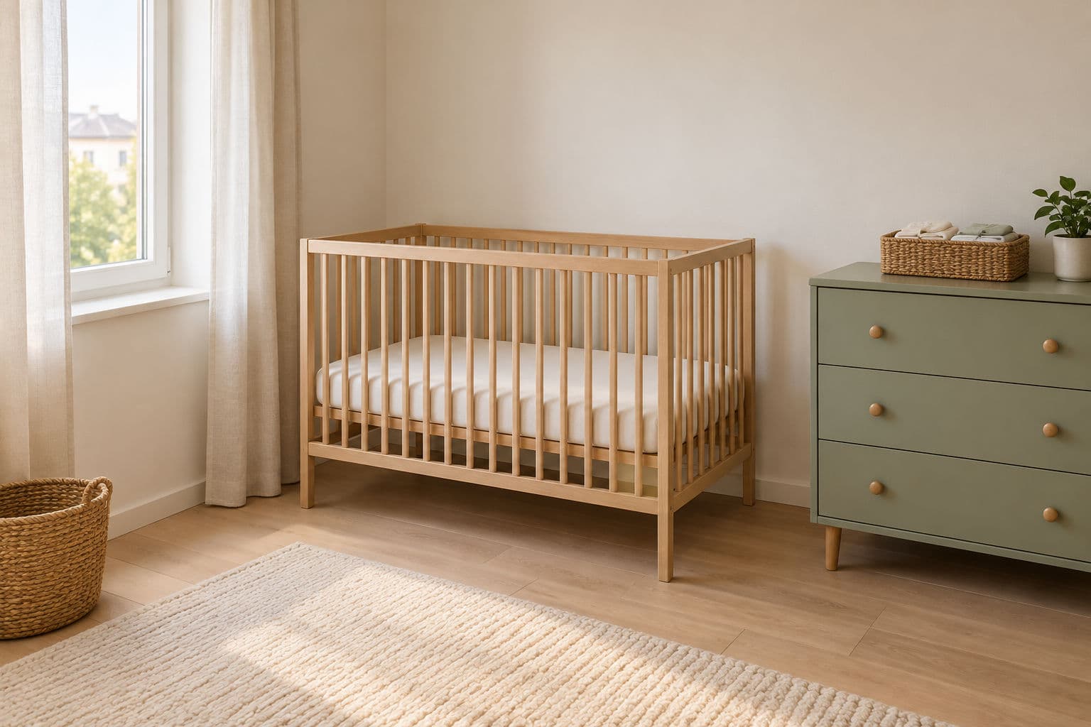 Lettino in legno con lenzuolo chiaro accanto a una cassettiera salvia con un cesto di vestiti piegati, in una stanza luminosa.