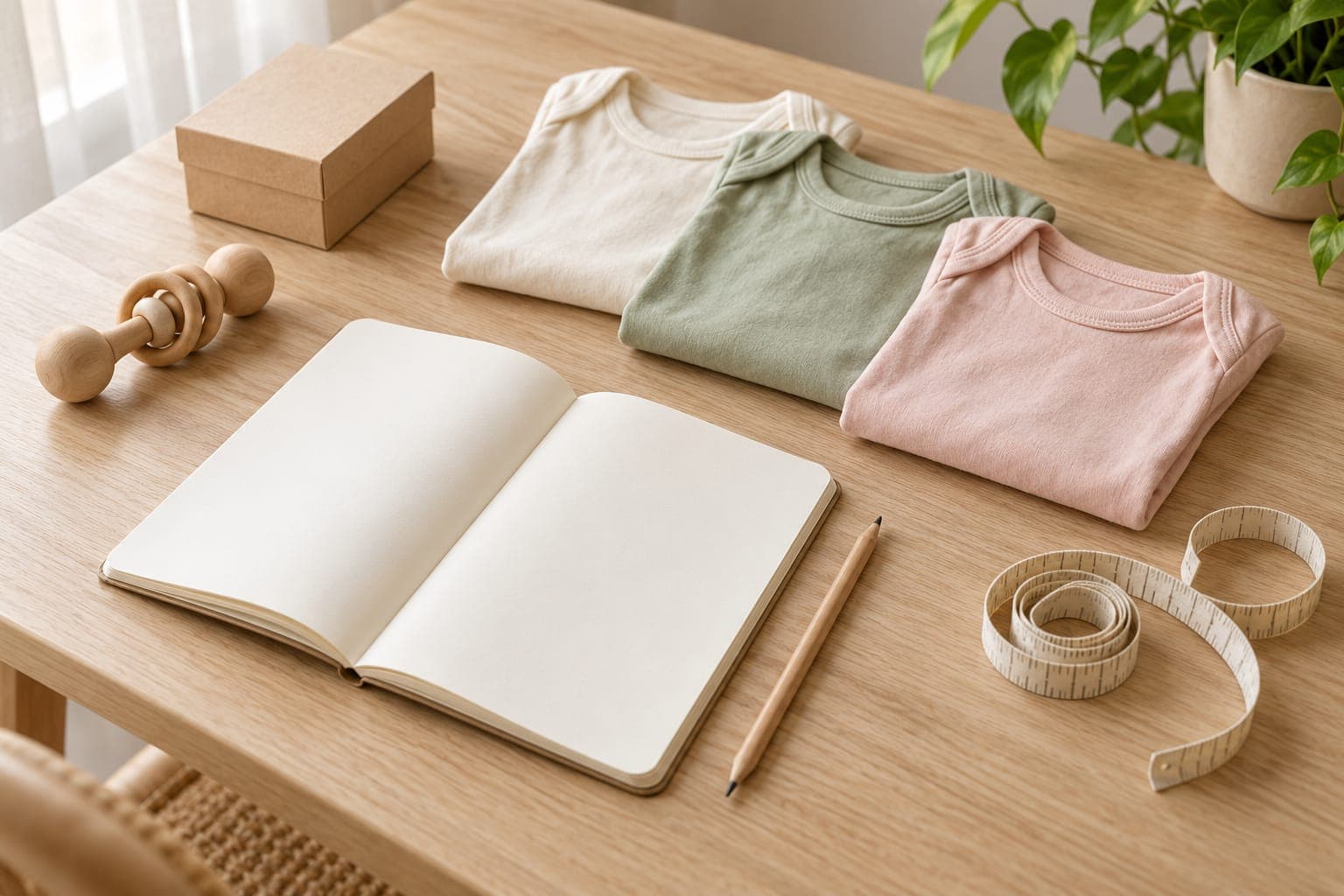 Quaderno aperto con pagine bianche, matita, tre capi piegati crema, salvia e rosa e metro da sarta su un tavolo di legno chiaro.