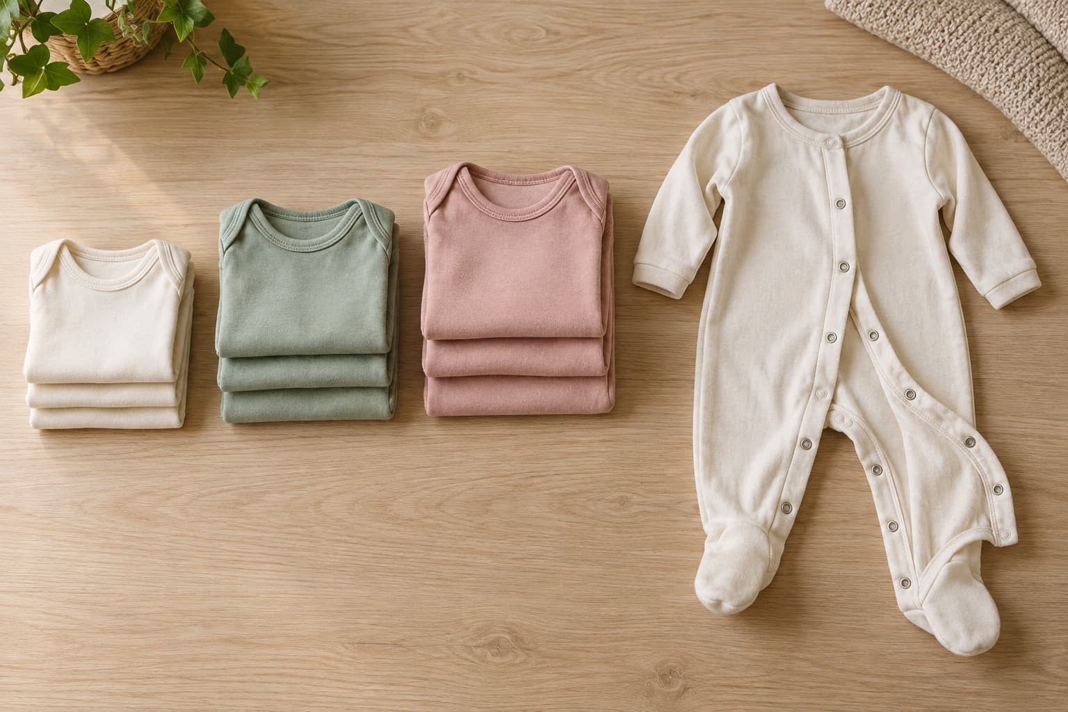 Tre pile di body color crema, salvia e rosa su un tavolo di legno, accanto a una tutina con bottoni automatici aperti lungo una gamba.