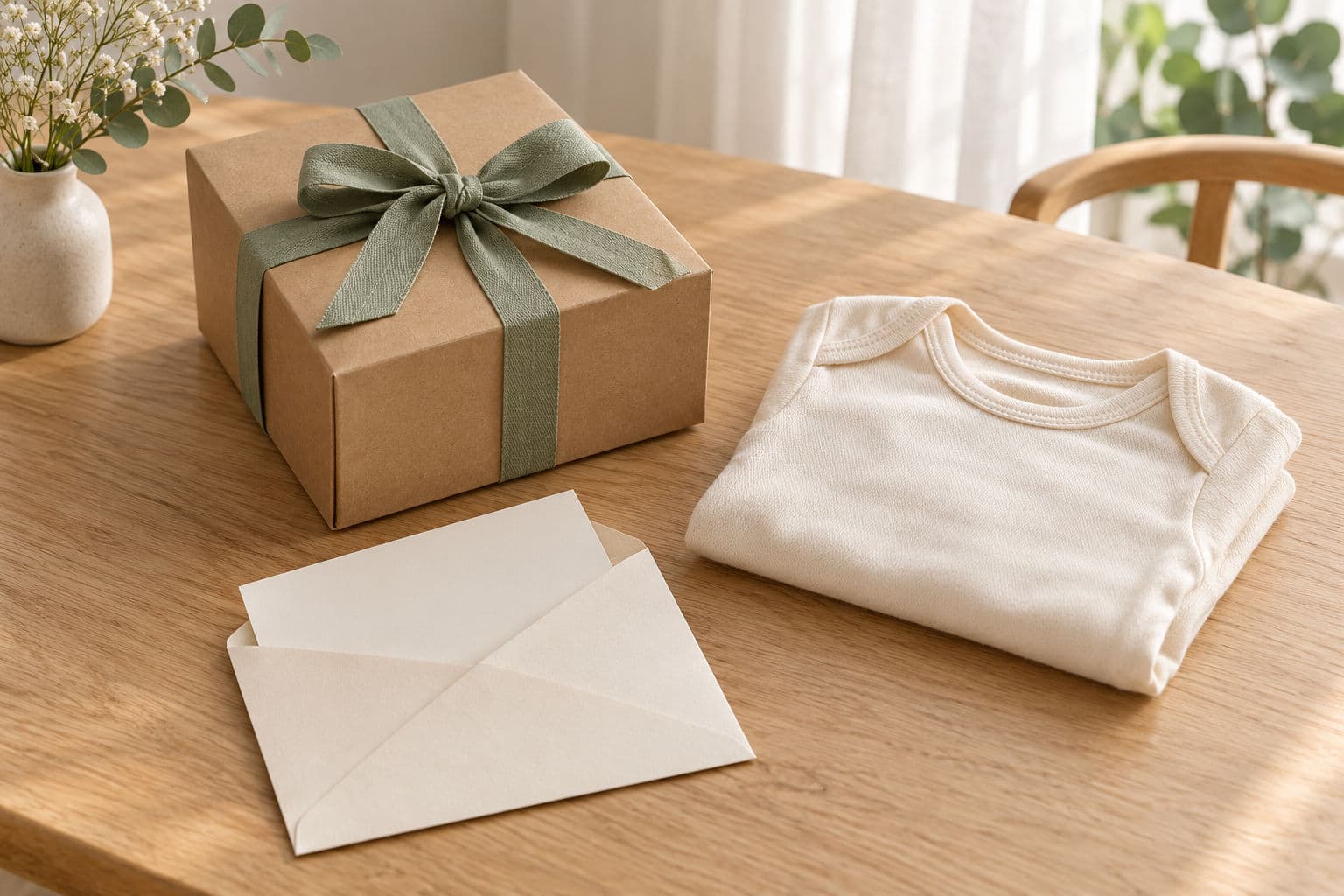 Scatola regalo in carta kraft con nastro salvia, body crema piegato e busta con biglietto bianco su un tavolo di legno.
