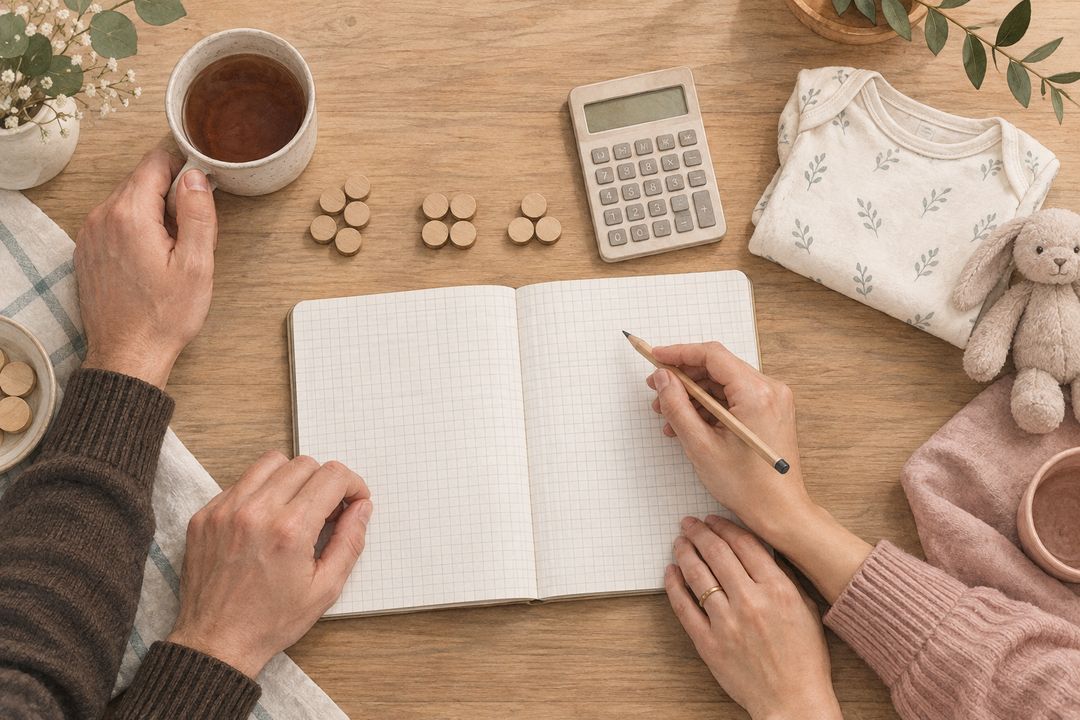 Due persone preparano un budget su un quaderno, con una calcolatrice e un body sul tavolo.